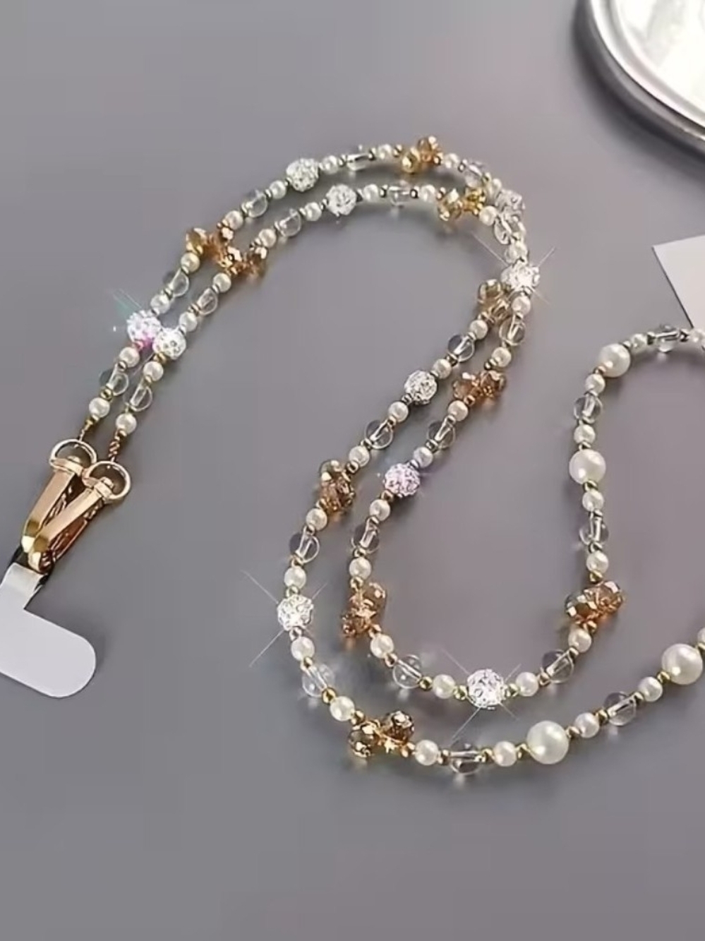 Elegant Faux Pearl and Crystal Phone Chain - Gold and White